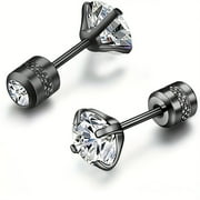 A pair of 4 mm oxidized earrings with relief flower patterns and rhinestones, and external tooth screw design. European and American popular earrings, Valentine's Day,Black pair